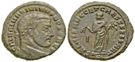 "Galerius. As Caesar, A.D. 293-305. BI follis (27.1 mm, 9.65 g, 1 h). Carthage mint, Struck A.D. 303. GAL VAL MAXIMIANVS NOB CAES, laureate head of Ga...