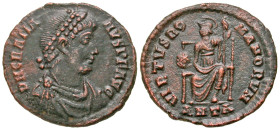 "Gratian. A.D. 367-383. AE 3 (18.6 mm, 2.04 g, 6 h). Antioch mint, Struck A.D. 379-383. D N GRATIA-NVS P F AVG, pearl-diademed, draped and cuirassed b...