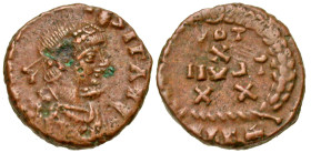 "Theodosius I. A.D. 379-395. AE 4 (11.2 mm, 1.08 g, 6 h). Antioch mint, Struck A.D. 383-388. [D N THEODOSI]VS P F AVG, pearl-diademed, draped and cuir...