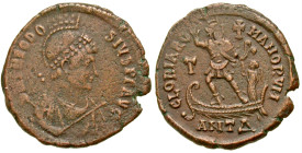 "Theodosius I. A.D. 379-395. AE 2 (23.5 mm, 3.95 g, 5 h). Antioch mint, Struck A.D. 383-386. D N THEODO-SIVS P F AVG, bust of Theodosius I right, wear...