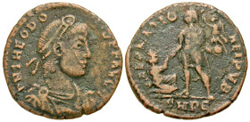 "Theodosius I. A.D. 379-395. AE 2 (23.9 mm, 4.14 g, 12 h). Rome mint, Struck A.D. 379-383 (and later?). D N THEODO-[SI]VS P F AVG, pearl-diademed, dra...