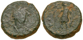 "Justinian I. 527-565. AE Pentanummium (12.3 mm, 2.08 g, 7 h). Cherson mint. Diademed, draped and cuirassed bust right / Emperor standing facing, head...