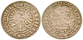 "Silesia, Liegnitz-Brieg-Wohlau. Georg III, Ludwig IV & Christian. 1639-1663. AR 3 kreuzer, or 1/24 Thaler (20.8 mm, 1.52 g, 8 h). 1658. D : G GEORG L...