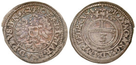 "German States, Brandenburg-Ansbach. Joachim Ernst. 1603-1625. AR 3 kreuzer (23.1 mm, 1.89 g, 12 h). 1624/3. KM 27. XF. "