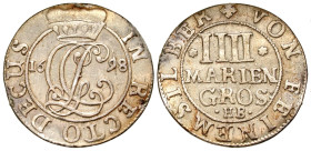 "German States, Brunswick-Luneburg-Calenberg. 1679-1698. AR 4 mariengroschen (20.4 mm, 1.78 g, 1 h). 1698 MB. Crowned monogram / Value and date. KM 8....