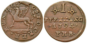 "German States, Rostock. Pfennig (18.7 mm, 1.29 g, 1 h). 1794. Griffin, rampant to left / I / PFENNING / · 1794 · / · FHB ·, denomination, date and mi...