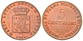 "Italy, Parma. Maria Louise. 5 Centesimi. 1830. Crowned shield, date below / Denomination within legend. KM C25. Mint State. "