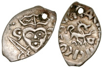 "Russia, Pskov Republic. 15th Century A.D AR denga (15.6 mm, .56 g, 10 h). Crowned prince Dovment holding a sword / Leopard right. EF, holed. "