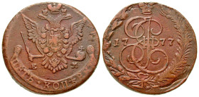 "Russia. Catherine II the Great. 1762-1796. AE 5 kopeks (41.7 mm, 49.69 g, 12 h). Jekaterinburg (EM) mint, 1777. Crowned Imperial monogram of Cathrine...