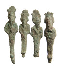 "A group of 4 Egyptian bronze figures of Osiris, Late Period, ca. 664 - 332 B.C. , each mummiform wearing atef crown with uraeus and false beard, arms...