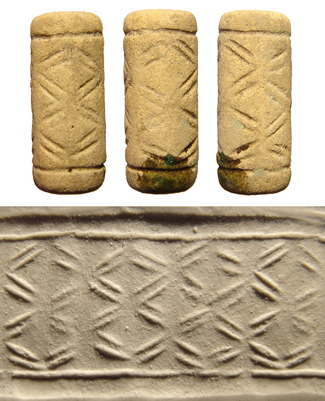 "A Near Eastern light creme frit cylinder seal, ca. 1500 - 1000 B.C. , with a ne...