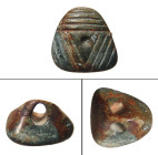 "A Sumerian steatite stamp seal, Mesopotamia, 3rd Millennium B.C. , triangular shaped with rounded corners and a slender suspension loop. On the base,...