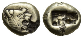 LYDIAN KINGDOM. Pre-Croeseid coinage. Ca. 600-560 BC. Electrum trite (12.8mm, 4.6 g). Head of roaring lion right, with spiky protuberance on nose / Tw...