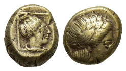 LESBOS, Mytilene. Circa 377-326 BC. EL Hekte – Sixth Stater (9.8mm, 2.5 g). Head of female within linear square / Laureate head of Apollo right.