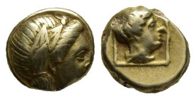 LESBOS, Mytilene. Circa 377-326 BC. EL Hekte – Sixth Stater (9mm, 2.8 g). Laureate head of Apollo right / Head of female within linear square border....