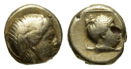 LESBOS, Mytilene. Circa 377-326 BC. EL Hekte – Sixth Stater (9.7mm, 2.6 g). Laureate head of Apollo right / Head of female within linear square border...