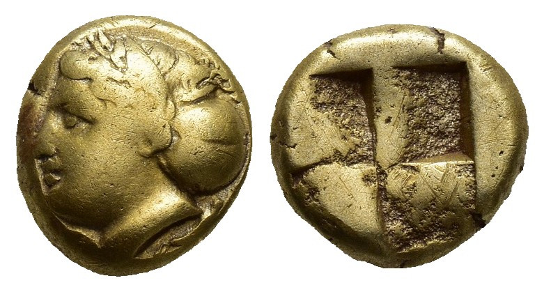 IONIA, Phokaia. 477-388 BC. Electrum Hekte (9.6mm, 2.5 g). Female head, hair bou...