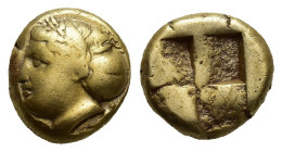 IONIA, Phokaia. 477-388 BC. Electrum Hekte (9.6mm, 2.5 g). Female head, hair bound in sakkos, seal behind / Quadripartite incuse square.