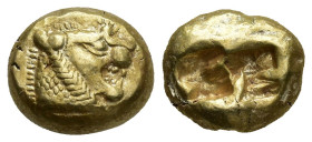 Kingdom of Lydia. Alyattes. 605-561 BC (traditional). EL Trite,(12.5mm, 4.78 g). (h). Head of lion to right, with open mouth and bristling mane. Rx: T...