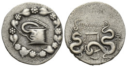 Phrygia, Laodikeia on the Lykos AR (28.5mm, 11.9 g) Cistophoric Tetradrachm. Circa 53-51 BC. Apollonios Euarchos, magistrate. Serpent emerging from ci...