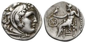 Kingdom of Macedon, AR Drachm. (18mm, 4.4 g) in the name and types of Alexander III. Uncertain mint, Head of Herakles to right, wearing lion skin head...