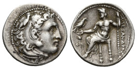 Kingdom of Macedon, AR Drachm. (17mm, 4.3 g) in the name and types of Alexander III. Uncertain mint, Head of Herakles to right, wearing lion skin head...