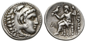 Kingdom of Macedon, AR Drachm. (18mm, 4.2 g) in the name and types of Alexander III. Uncertain mint, Head of Herakles to right, wearing lion skin head...