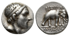 SELEUKID KINGS of SYRIA. Antiochos III ‘the Great’. 222-187 BC. AR Drachm (16mm, 4.4 g). Apameia on the Orontes mint(?). Diademed head right / Elephan...