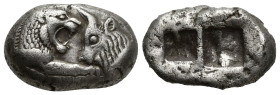 Lydian Kingdom. Croesus. (561-546 BC). Silver stater (22mm, 10.7 g). . Forepart of roaring lion right confronting forepart of bull left / Two incuse p...