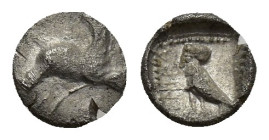 LYDIA. Uncertain. 5th century BC. Tetartemorion (Silver, 6 mm, 0.1 g). Forepart of a winged ? boar to left. Rev. Man-headed bird standing to left; to ...