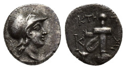 CARIA, Kaunos. Circa 166-150 BC. AR Hemidrachm (10mm, 1.3 g). Ktetos, magistrate. Helmeted head of Athena right / Sword in sheath with strap; KTH-TOY ...