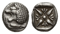 IONIA, Miletos. Late 6th-early 5th century BC. AR Diobol (8.7mm, 1.4 g). Forepart of lion right, head left / Stellate design within incuse square.