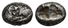 Kings of Lydia, Kroisos AR 1/3 Siglos. (10mm, 1.8 g) Circa 560-525 BC. Confronted foreparts of lion and bull / Double incuse punch.