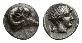 Troas, Kebren AR Obol.(7mm, 0.4 g) Circa 387-310 BC. Ram’s head right / Youthful male head right.
