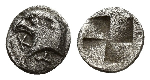 AEOLIS. Kyme. Hemiobol (7mm, 0.6 g) (Circa 480-450 BC). Obv: K - Y. Head of eagl...