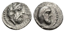 CILICIA, Nagidos. Circa 400-380 BC. Obol (Silver, 10mm, 0.8 g ). NAΓI Bearded head of Dionysos to right.Rev. Bearded head of Pan to right.