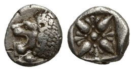 IONIA, Miletos. Late 6th-early 5th century BC. AR Diobol (8mm, 1.3 g). Forepart of lion head left / Stellate design within incuse square.