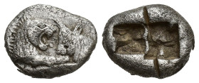 KINGS OF LYDIA. Kroisos (Circa 560-546 BC). 1/3 Siglos. (14mm, 3.5 g) Obv: Confronted foreparts of lion and bull. Rev: Two incuse square punches.