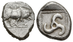 DYNASTS of LYCIA. Uncertain dynast. Circa 480/70-430 BC. AR Stater (19mm, 8.4 g). Protodynastic period C. Boar standing right on ground line / Triskel...