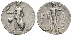 PAMPHYLIA, Side. Circa 360-333 BC. AR Stater (20mm, 10.8 g). Athena standing left, holding Nike, shield, and spear; pomegranate to left / Apollo stand...