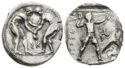Pamphylia, Aspendos, Stater, c. 380-325 BC, Ag (23mm, 10,7 g), Two wrestlers grappling, Rv. EΣTFEΔIIY, Slinger with short chiton standing r. at r., tr...
