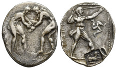 PAMPHYLIA. Aspendus. Ca. 380-250 BC. AR stater (24mm, 10.8 g). Two wrestlers grappling; dotted border / EΣTFEΔIIYΣ, slinger striding to right, pulling...