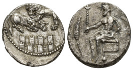 CILICIA. Tarsus. Mazaeus, as Satrap (ca. 361-334 BC). AR stater (20mm, 10.4 g). / Lion left, attracting bull right; circuit of crenelated walls below;...