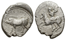 PAMPHYLIA, Aspendos. 420-360 BC. AR Drachm (19mm, 5.4 g). Boar standing left / Mopsos with spear on horseback.