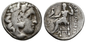 Kings of Macedon. Kolophon. Alexander III "the Great" 336-323 BC. Drachm AR (17mm, 4,3 g). Head of Herakles to right, wearing lion skin headdress / [Α...