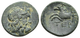 PISIDIA. Termessos. ( Bronze.19mm, 4.3 g) Ae (1st century BC). Laureate head of Zeus right. Rev: TEP./ Horse rearing left; K Γ (date) to upper right.