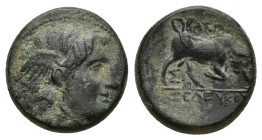 Seleukid Kingdom. Seleukos I Nikator. 312-281 B.C. AE (13mm, 3 g). Antioch, ca. 280 B.C. Winged head of Medusa right / BAΣIΛEΩΣ ΣEΛEYKOY, bull butting...