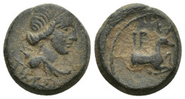 LYDIA, Hierocaesareia. 1st century BC. Æ (17mm, 6.1 g). Draped bust of Artemis Persica right, [bow and quiver over shoulder; ΠEPΣIHK below] / Forepart...