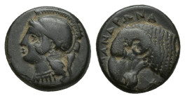 Ionia, Klazomenai, AE (12mm, 2 g), c. 386-301 BC. Mandronax, magistrate. Obv. Helmeted head of Athena left. Rev. Ram's head left; MANΔPΩNAΞ.