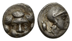 Pisidia, Selge. AR Obol (8.5mm, 1.1 g), c. 350-300 BC.Obv. Facing Gorgoneion.Rev. Helmeted head of Athena right.